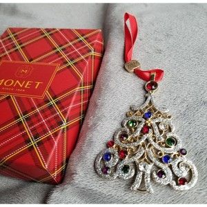 2022 MONET Holiday Christmas Tree Ornament Pendant  Gold & Silver Rhinestones